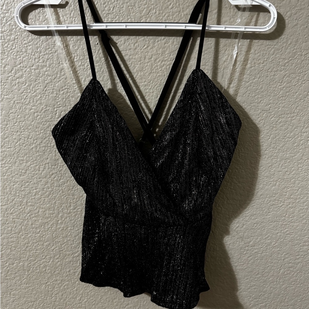 Triple 7 Black Glittery V-Neck Top